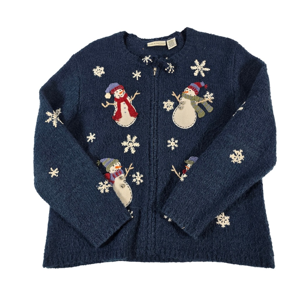 Croft & Barrow Petite Silk Blend Snowman Christmas‎ Zip Up Cardigan Navy Blue PL